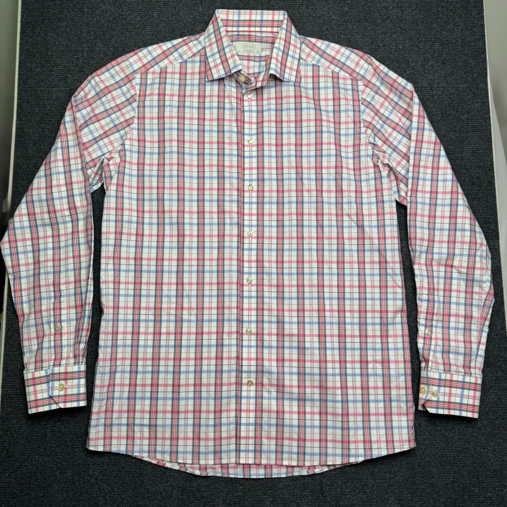 Eton Mens Contemporary Fit Plaid‎ Dress Shirt Red Blue Pink White 16.5 42
